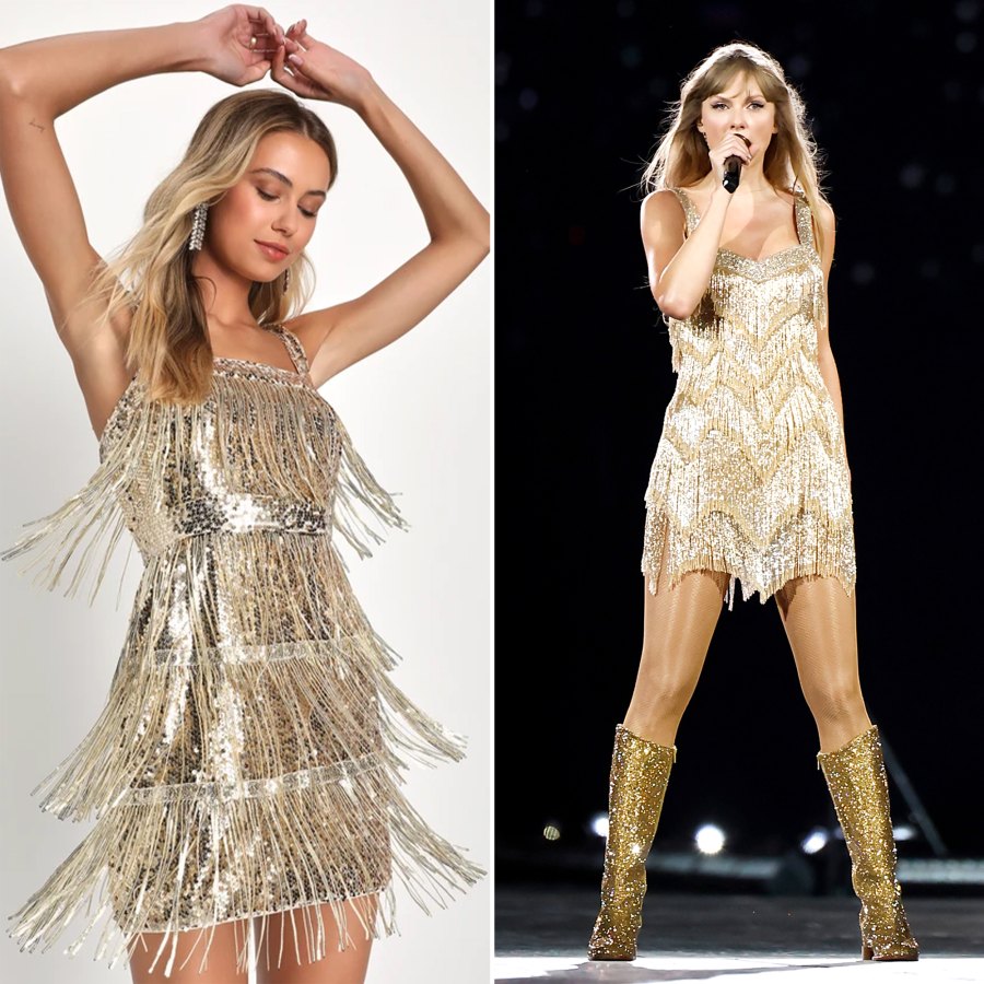 <p>Just like Swift’s gold Roberto Cavalli frock, this sparkly design <a href="https://www.lulus.com/products/fringe-fashion-gold-sequin-fringe-bodycon-mini-dress/2209316.html">from Lulu’s</a> will have you dancing in your best dress for Swift’s <em>Fearless</em> era. Similarly, both feature a flapper design and sparkly straps. </p>
