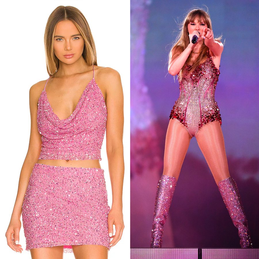 <p>While she sings hits from her Lover album, Swift always wears a sequin and crystal embellished Versace bodysuit and bedazzled Louboutin boots. To recreate her pink-themed era, check out the <a href="https://www.revolve.com/retrofete-x-revolve-michal-top-in-bubblegum-pink/dp/ROFR-WS105/" rel="noopener">Retrofête x Revolve Michal Top</a>. The tank features a cowl neckline, bead and sequin details and crisscross back straps, ensuring comfort. Elevate the number with <a href="http://www.stevemadden.com/products/shayna-r-rhinestones" rel="noopener">Steve Madden’s Shayna Rhinestones boots</a> and you’ll be looking just like Swift. </p>