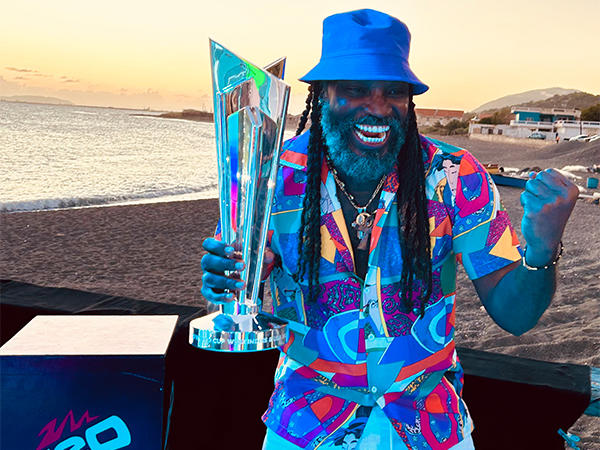 Former West Indies captain Chris Gayle with ICC T20 World Cup 2024 trophy (Image: CWI media)