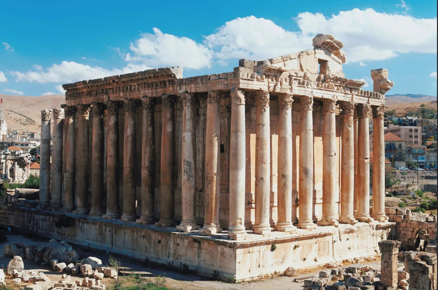 <p><span><span><span><span><span><span>The ancient Roman ruins of Baalbek in Lebanon were a tribute to three Roman gods, Jupiter, Venus, and Mercury. The city fell under the sword of Alexander the Great in 334 BCE, and he changed its name to Heliopolis.</span></span></span></span></span></span></p>  <p><span><span><span><span><span><span>During subsequent years, leaders commissioned several distinctive Roman-style temples, of which the Temple of Bacchus, shown in the photo, is one of the most elaborate and expansive at this UNESCO site. These ruins contain some of the finest examples of Hellenic architecture that still exist today.</span></span></span></span></span></span></p>