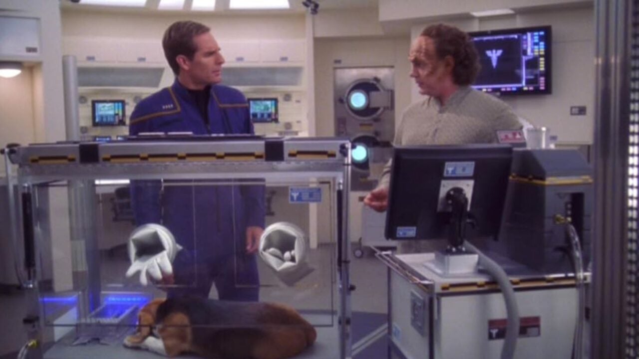 <p>In the eyes of most Trekkers,<em> ENT</em> has the weakest cast of any series. But no one dislikes Porthos, Captain Archer’s beagle best friend. So it would seem that the season two episode “A Night in Sickbay” would stand among the best, in which Archer spends the evening by the side of his sick dog.</p><p>Despite the shots of the lovable canine, “A Night in Sickbay” focuses too much on Archer’s romantic life, leaning hard into the series’ tendency to leer at its female characters. The episode tries to undo any affection we might have for the dog-loving Pathos, rendering him an inappropriate leader.</p>