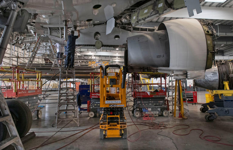 Pensacola ST Engineering facility workers conduct heavy maintenance on an Airbus jet on Tuesday, April 9, 2024. Pensacola State College (PSC) is requesting a $12,372,935 Triumph grant to create an Airframe & Powerplant (A&P) industry certification program at the Pensacola International Airport. PSC plans to use the grant to construct a 25,000-square-foot training facility, personnel, state-of-the-art equipment, supplies, and tuition waivers.