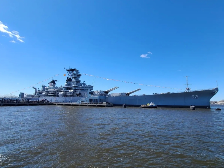 Battleship New Jersey left her berth in Camden on March 21 for dry-docking in Philadelphia.