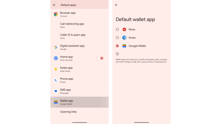 Le menu de sélection des applications par défaut sur Android 15 sera plus complet et inclura les applications de paiement © Captures d'écran 9to5Google