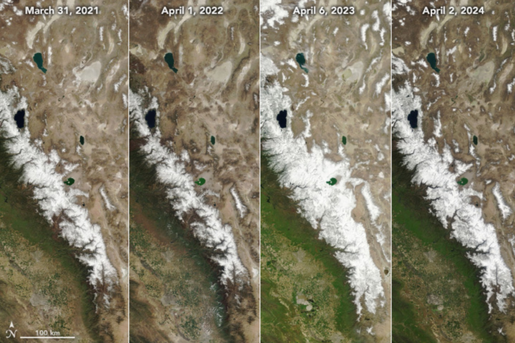 california snowpack's 'atypical' year revealed in nasa image
