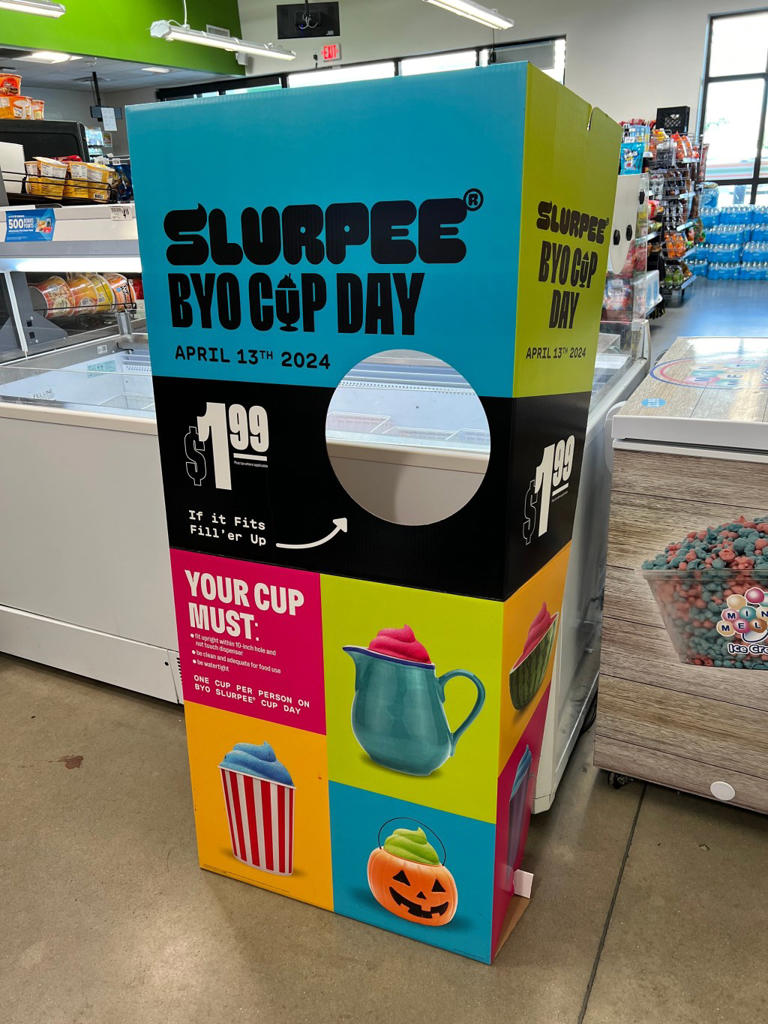 You can fill any container with Slurpees for 2 on 7Eleven’s Bring