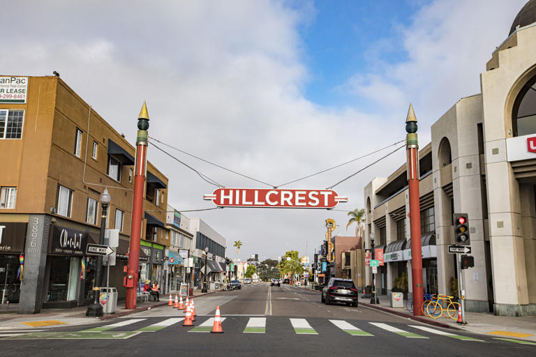 General view of the Hillcrest sign prior to San Diego Pride Parade on July 15, 2023 in San Diego, California.