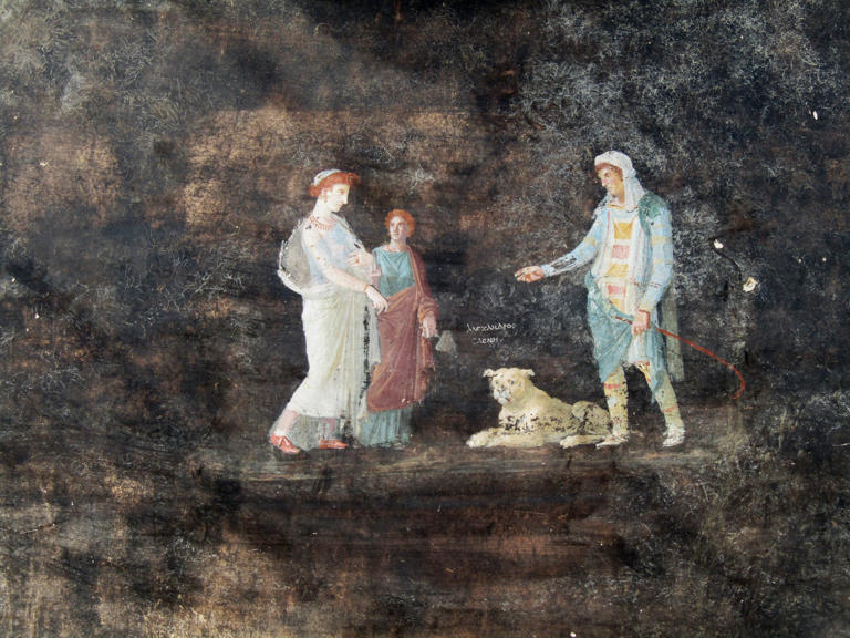 Frescoes buried by volcano uncovered in ancient dining room in Pompeii