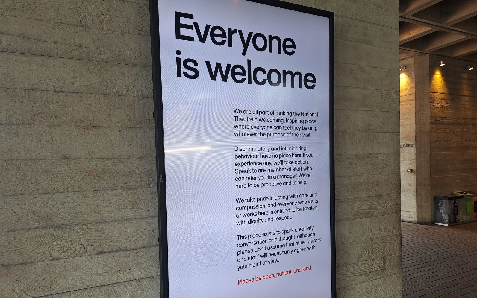 national theatre accused of censorship with ‘scolding’ sign warning staff may not agree with audience