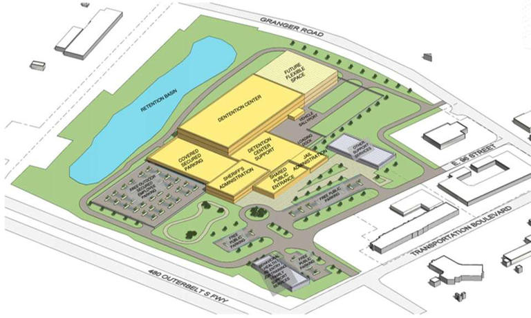 A rendering shows how Cuyahoga County Executive Chris Ronayne wants to use 72.1 acres in Garfield Heights to create a "Cuyahoga County Central Services Campus," built around a new jail. The plan was shared during a Cuyahoga County Council Committee of the Whole meeting on July 24, 2023.
