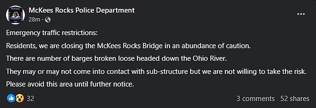 officials rush to shut down mckees rocks bridge after 23 barges break free in pittsburgh - weeks after disaster that took down key bridge in baltimore