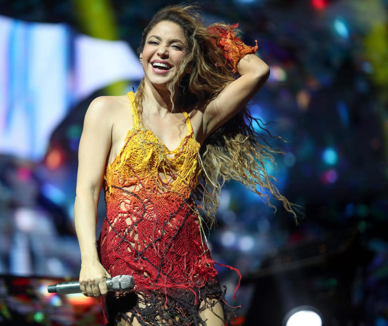 Shakira makes an appearance during BizarrapÕs set in the Sahara tent at the Coachella Valley Music and Arts Festival in Indio, Calif., April 12, 2024.