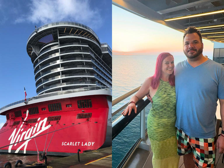Left: Virgin Voyages Scarlet Lady, right: Eliza Green and her husband on the Dominican Daze cruise. Left: Rachel Hosie/Business Insider, Right: Eliza Green