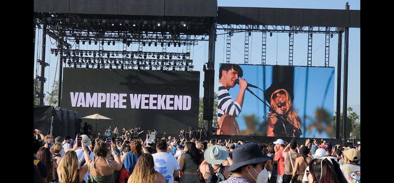 Paris Hilton joins Vampire Weekend on the Outdoor Theatre stage during their set at the Coachella Valley Music and Arts Festival on Saturday, April 13, 2024, at the Empire Polo Club in Indio, Calif.