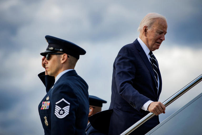 President Joe Biden pictured boarding Air Force One to Delaware on 12 April 2024
