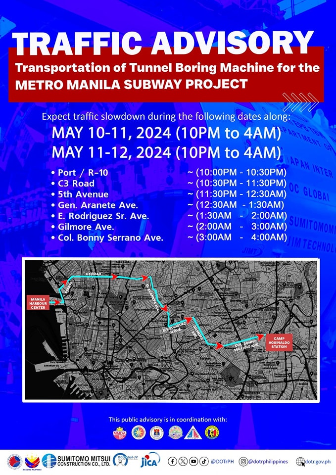 subway project equipment movement to affect 7 ncr roads on may 10-12