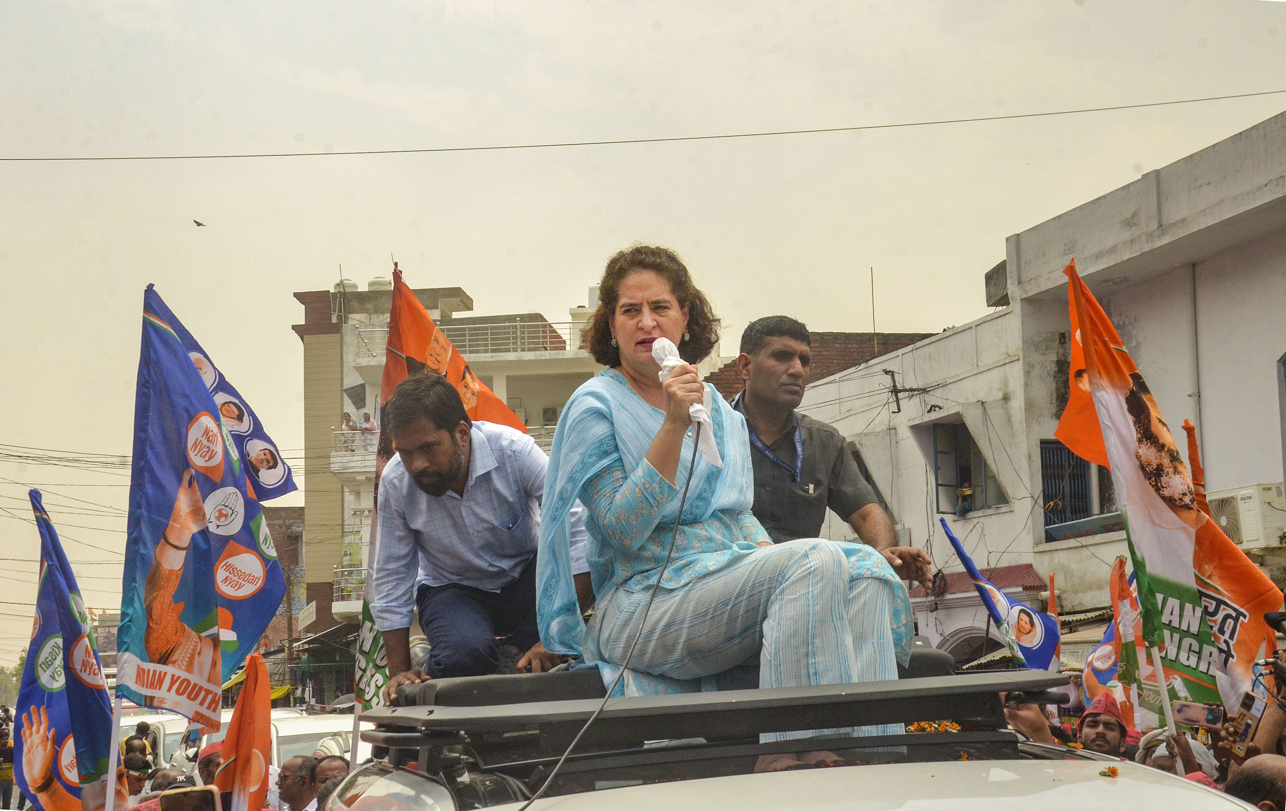 priyanka campaigns for rahul in rae bareli, slams pm for adani-ambani jibe