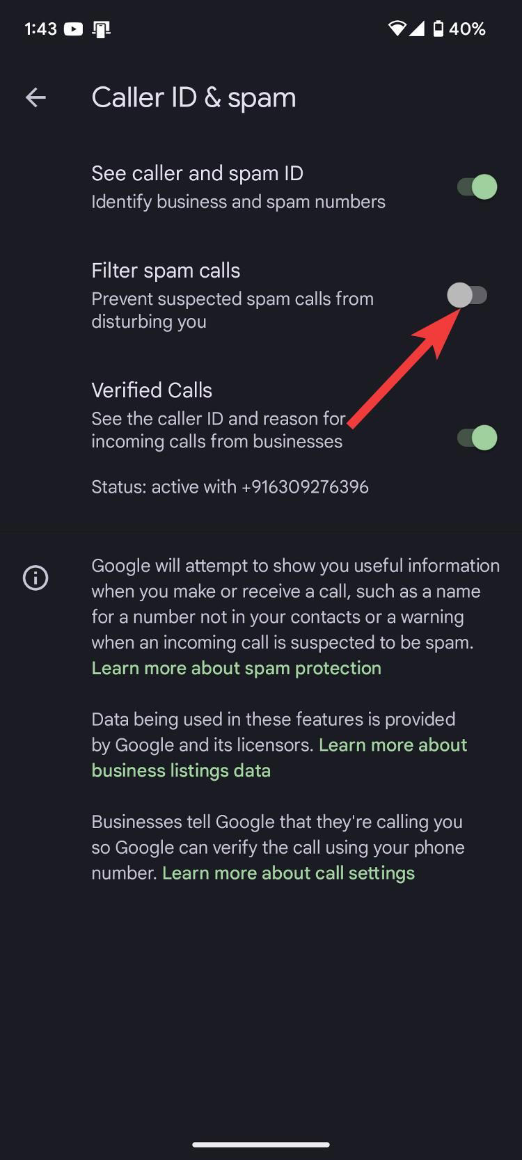 Google Phone settings screen