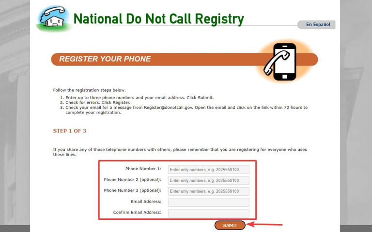 Enter your phone numbers and other details on the National Do Not Call Registry