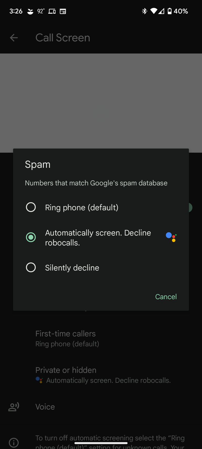 Google Pixel Call Screening settings