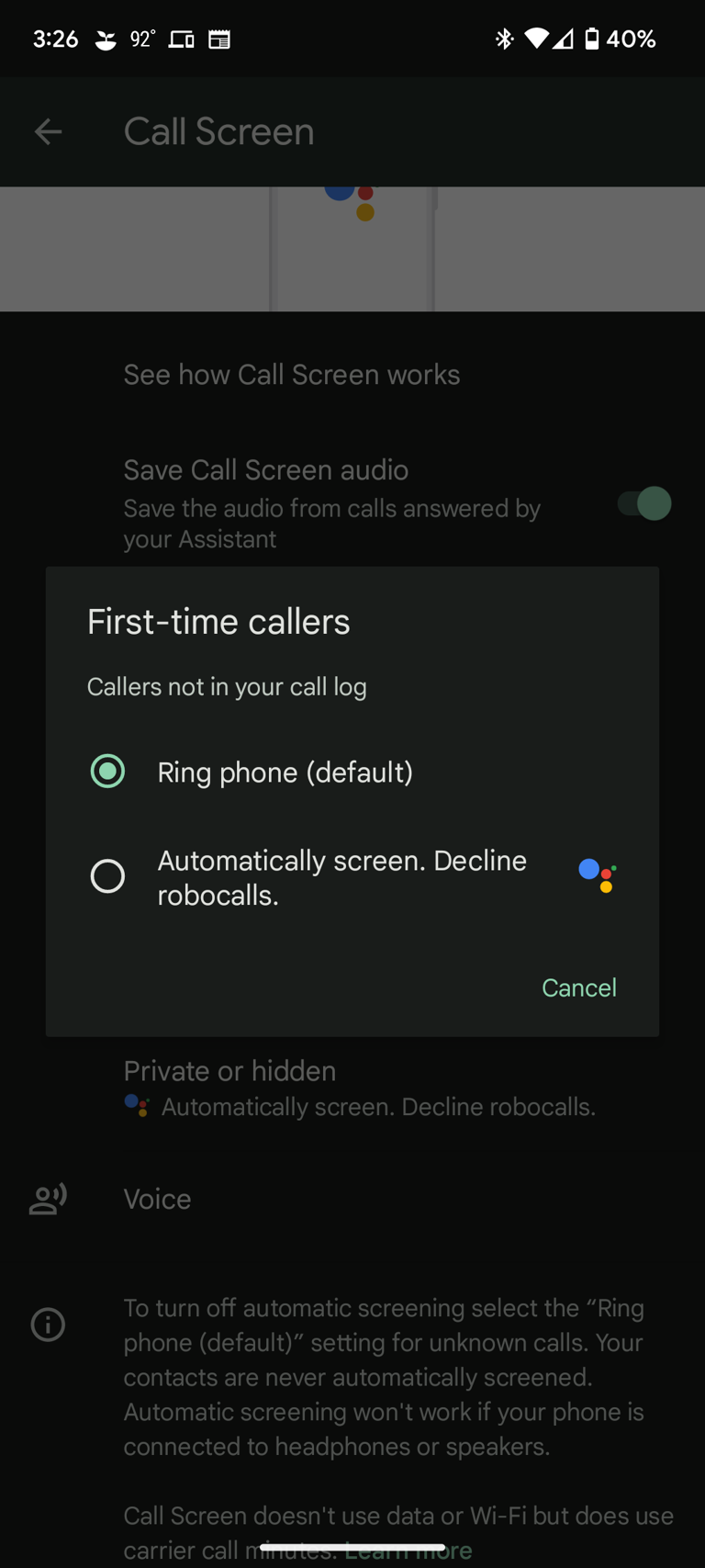 Google Pixel Call Screening settings