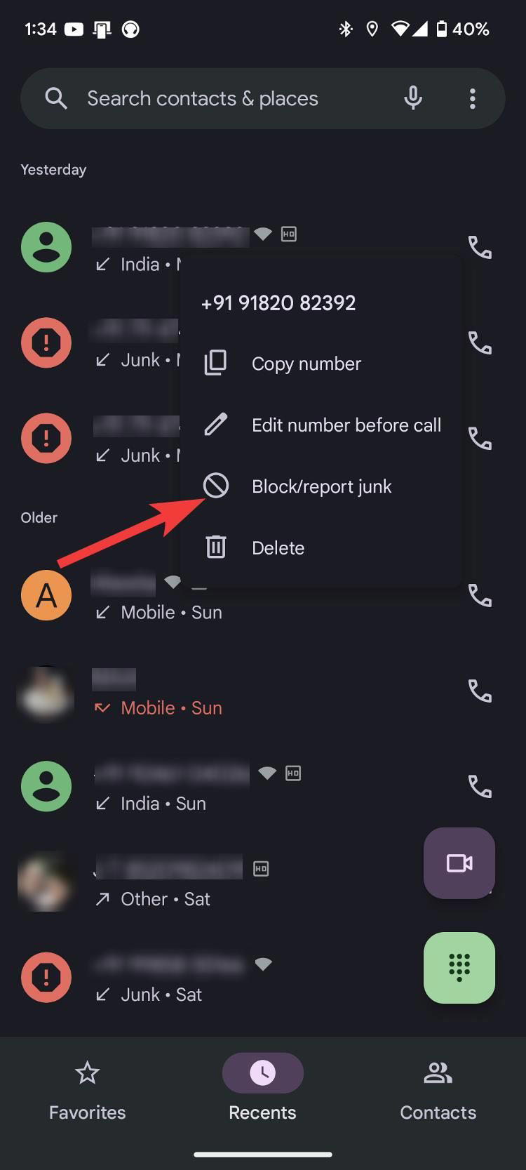 Google Phone recent calls screen