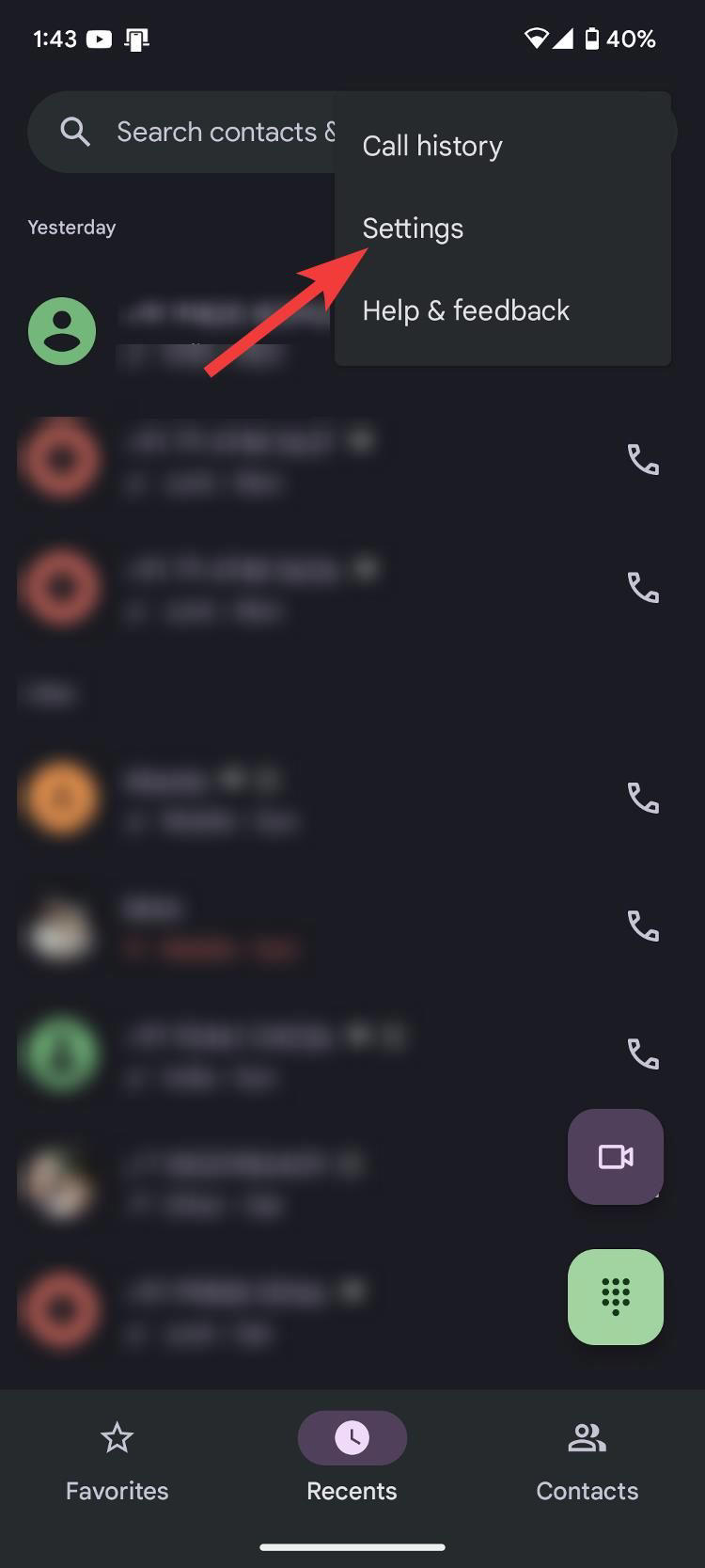 Google Phone recent calls screen