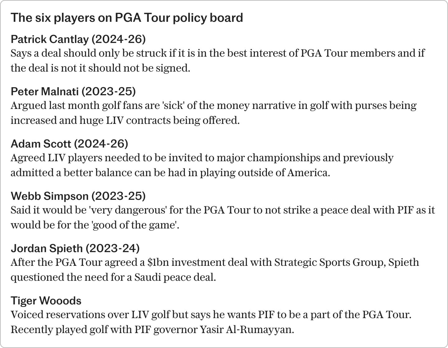 tiger woods votes against rory mcilroy returning to pga tour board for liv peace talks