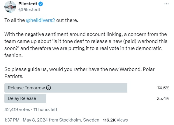 helldivers 2 ceo is worried it's 'too soon' after the psn fiasco to release a $10 warbond, so he's letting players vote on a delay