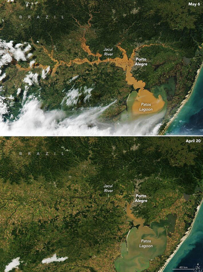 Os satélites Aqua e Terra mostram o antes e depois dos rios que banham área do Rio Grande do Sul e da Lagoa dos Patos Foto: Nasa