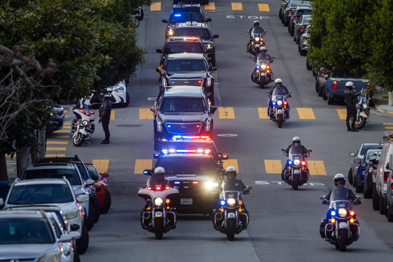 President Joe Biden’ s motorcade is escorted through Pacific Heights in San Francisco, California, enroute to a fundraiser, Wednesday, Feb. 21, 2024.