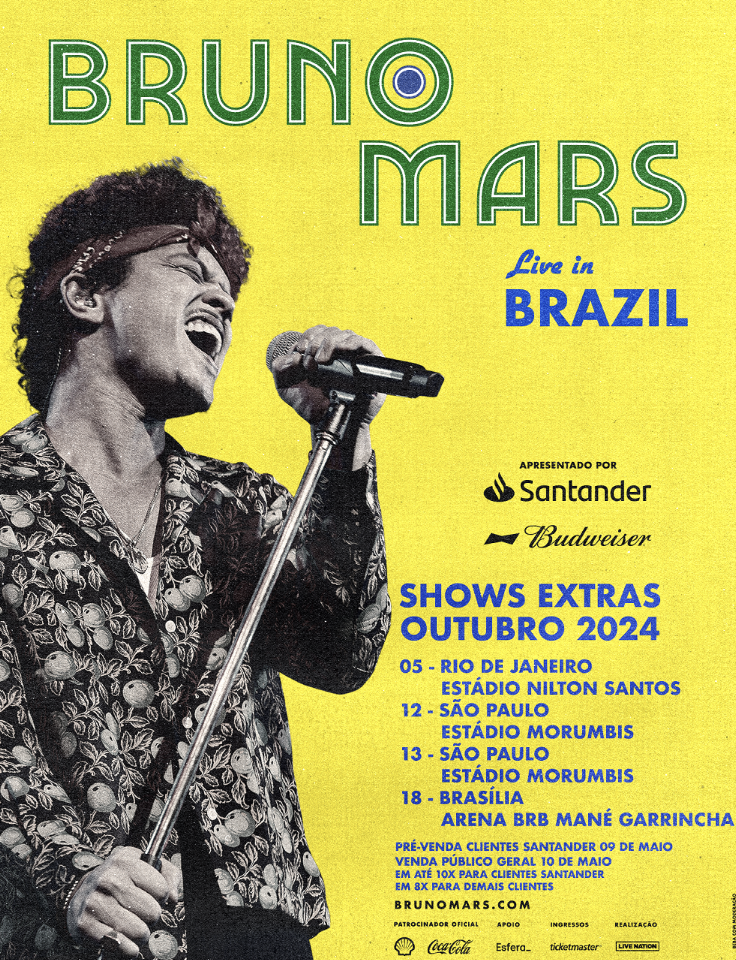 após esgotarem os ingressos, bruno mars anuncia shows extras no brasil