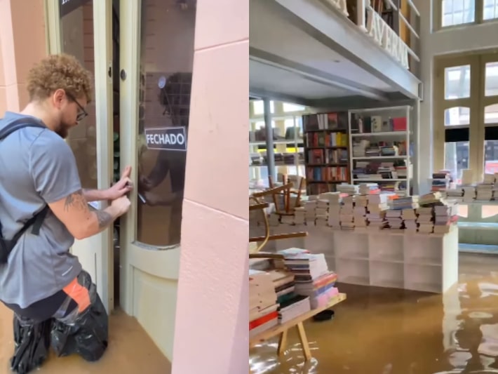 vídeo de livraria de porto alegre inundada impressiona e dono pede por ajuda; veja