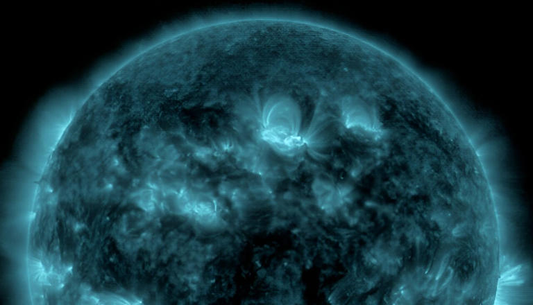 NASA's Solar Dynamics Observatory captured these images of the solar flares—as seen in the bright flashes in the upper right—on May 5 and May 6, 2024. The image shows a subset of extreme ultraviolet light that highlights the extremely hot material in flares and which is colorized in teal. Credit: NASA/SDO