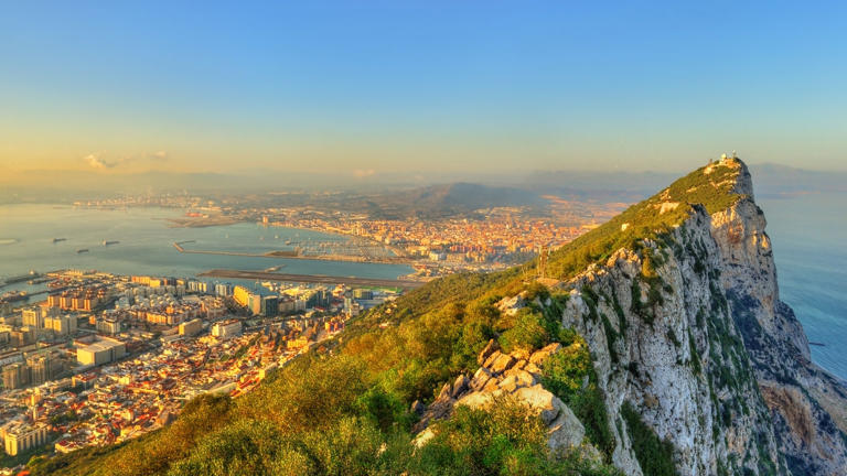 The Rock of Gibraltar, located at the tip of the Iberian Peninsula.