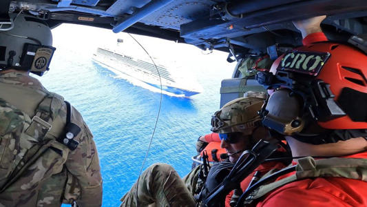 Rescue team from US Air Force airlifts critically ill passenger from cruise ship in open Atlantic waters<br><br>