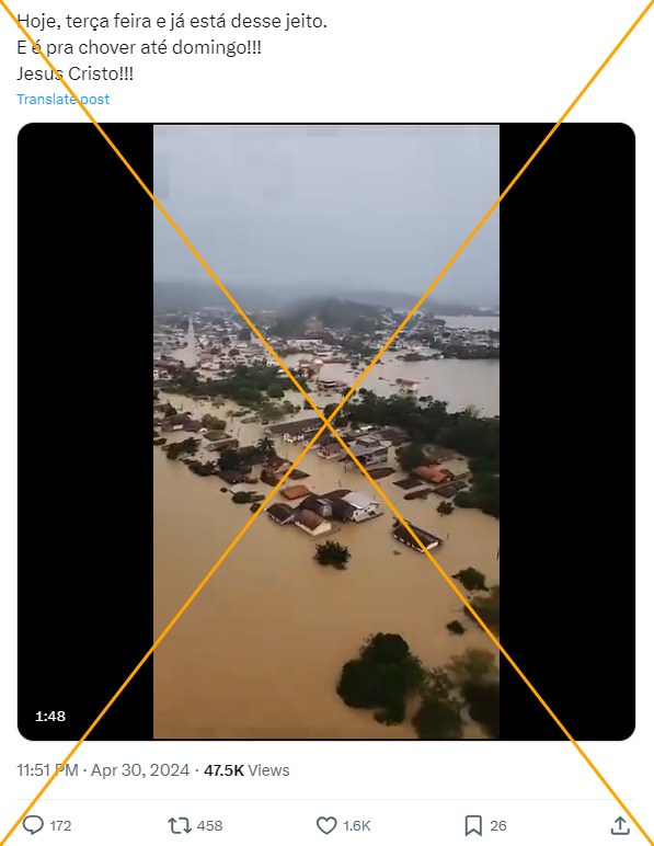 vídeo de enchente vista a partir de um helicóptero foi feito em sc em 2023, e não no rs em 2024