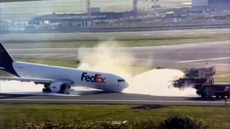 A Boeing-767 type cargo plane operated by FedEx ran into a couple of bumps and sparks as it attempted to land at Istanbul Airport in Turkey without its front landing gear on May 8, 2024.