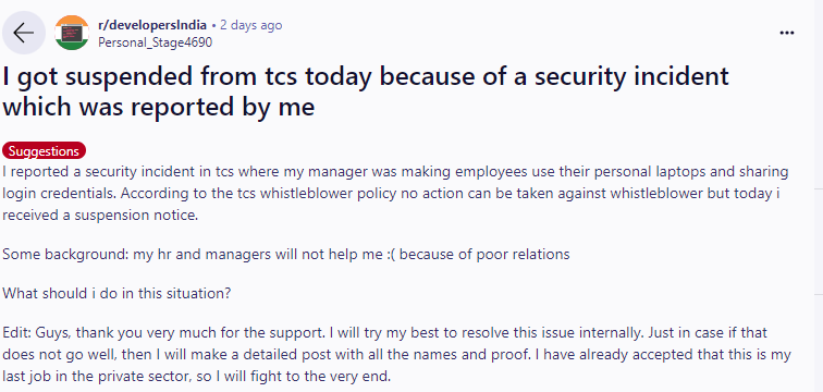 tcs employee suspended after reporting security incident to company: 'hr and managers will not help me'