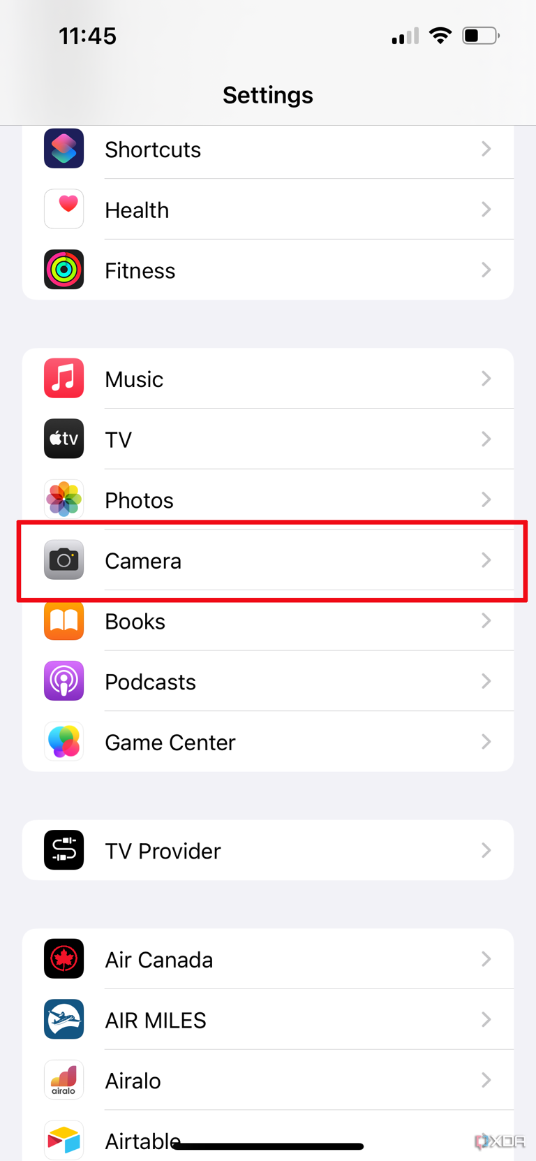 The iPhone settings menu with Camera selected.