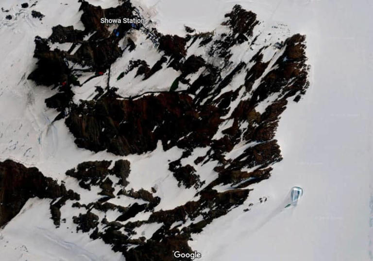 南極・東オングル島にある日本の観測基地「昭和基地」。64棟の建物に加え、アンテナや設営施設を有する。Google Map - キャプチャ画像