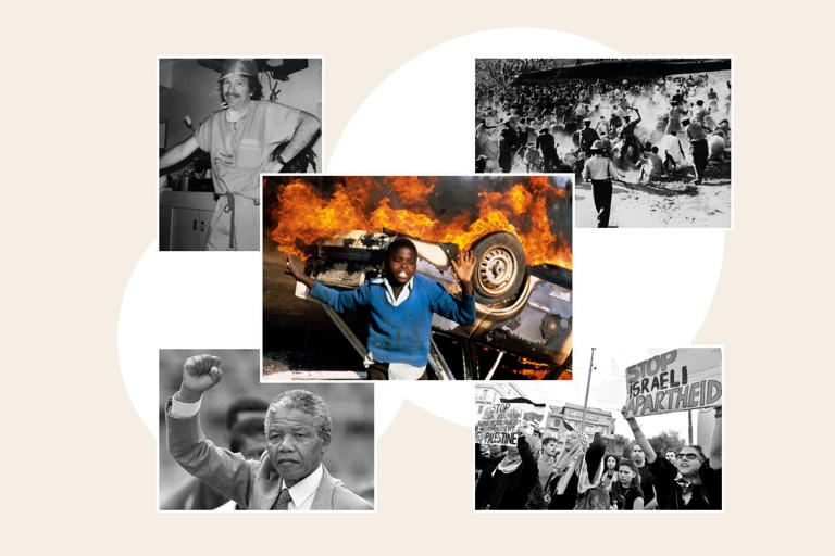 Newsweek illustration. Top left: Evan M. Krantz early on in his medical career. Top right: South African police beating Black women with clubs after they raided and set a beer hall on fire in protest against apartheid in 1959 in Durban, South Africa. Center: A South African boy dances on July 10, 1985, in Duduza township, around a car of a suspected police informer being burnt during an anti-apartheid riot. Bottom left: Anti-apartheid leader Nelson Mandela raises his fist a few days after his release from jail on February 25, 1990. Bottom right: People with a sign reading "Stop Israeli Apartheid" demonstrate on October 28, 2023 in Rome, Italy.