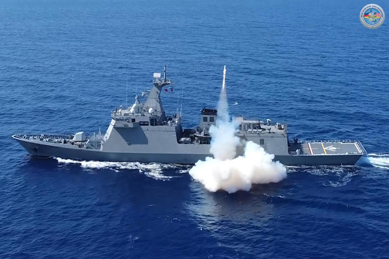Philippine guided-missile frigate BRP Jose Rizal (FF-150) fires missile at the decommissioned BRP Lake Caliraya on May 8. The drill was part of the Maritime Strike Exercise portion of the weekslong 2024 U.S.-Philippine Balikatan exercise.