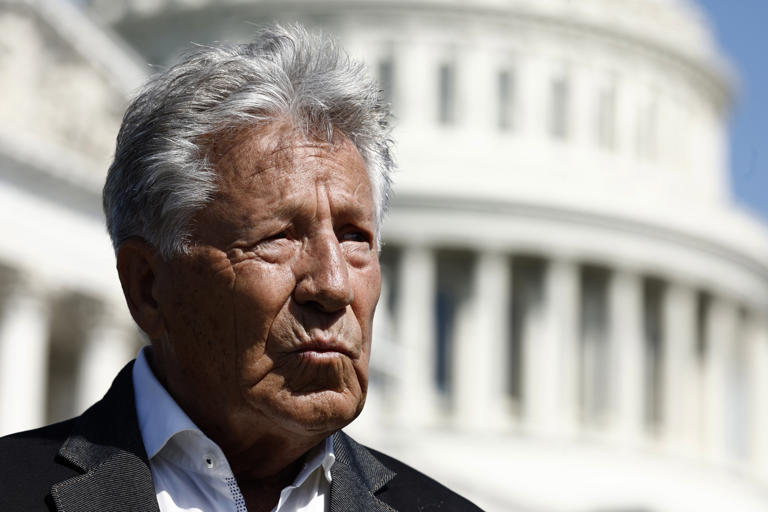 Former race car driver Mario Andretti listens during a news conference on May 01, 2024 in Washington, DC. Rep. John James (R-MI) hosted Andretti on Capitol Hill to respond to the Formula 1 management denying his family and General Motors the opportunity to join the global motorsports series. The refusal of Andretti's F1 bid has led to an investigation from the House Judiciary Committee.
