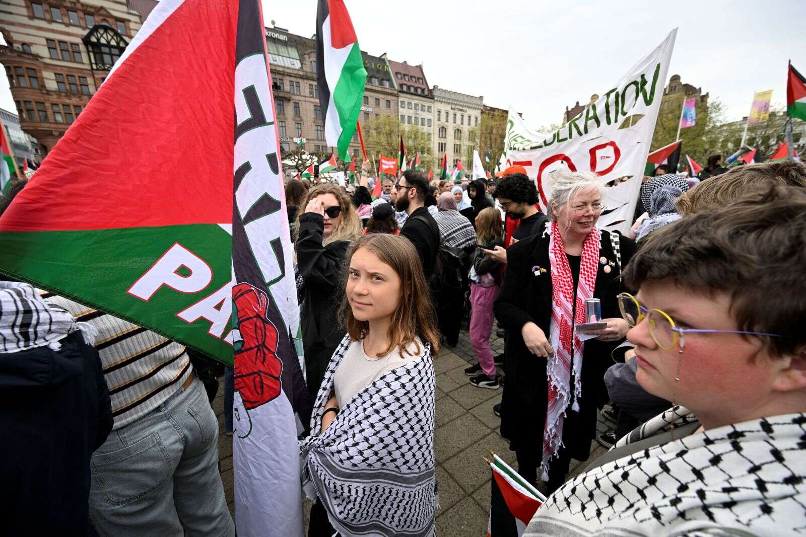greta thunberg joins pro-palestinian protests ahead of second eurovision semi-final