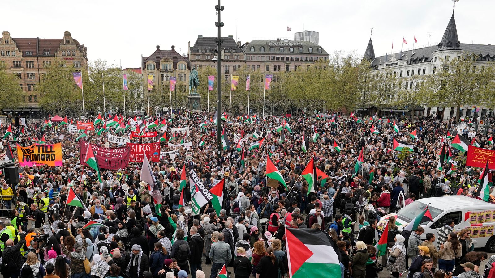 thousands of pro-palestine protesters march in malmo ahead of eurovision semi-final