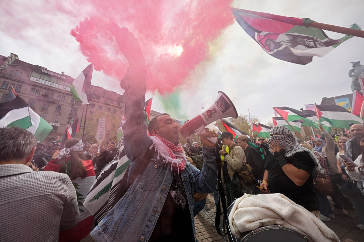 thousands of pro-palestinian protesters march in malmo against israel's eurovision participation