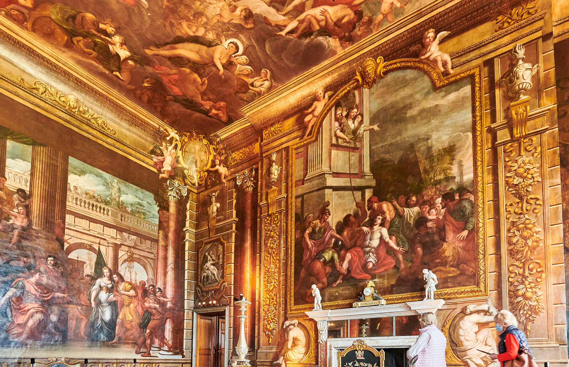 <p>Arguably the most significant contribution commissioned by the couple were the two murals which completely cover the walls <em>and</em> ceilings of the ‘Heaven Room’ (pictured here) and the ‘Hell Staircase,’ named, rather dramatically for the classical scenes they show.</p>  <p>The murals were painted by famous <a href="https://www.historichouses.org/all-there-is-in-heaven-and-hell/">Italian Baroque artist Antonio Verrio in the 1690s</a>, and are one of the most famous attractions in the estate. And you cannot really miss them due to their size anyway!</p>