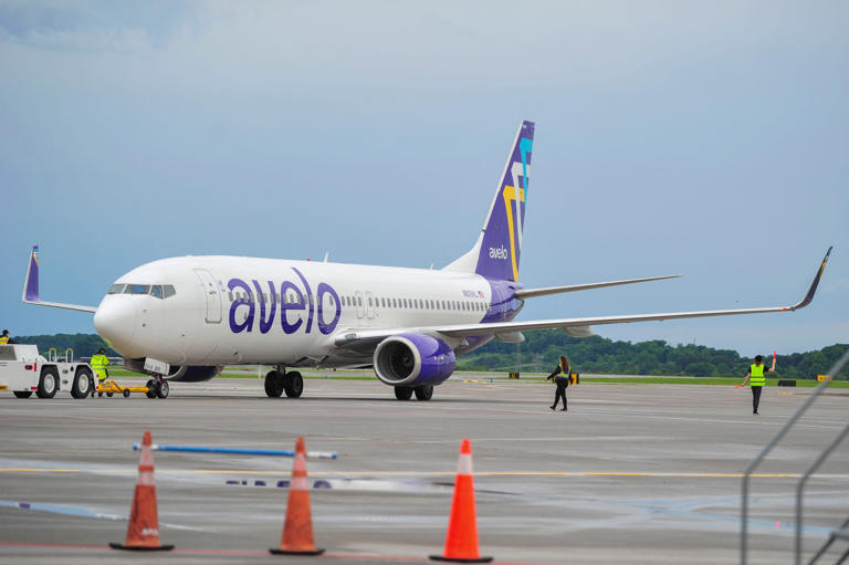 The Avelo Boeing 737-800 leaves Gate 6 during the inaugural flight for Avelo Airlines to New Haven, CT at McGhee Tyson Airport on Thursday, May 9, 2024 in Alcoa, Tenn. Avelo Airlines will fly out of McGhee Tyson twice a week on Sundays and Thursdays to New Haven, CT.