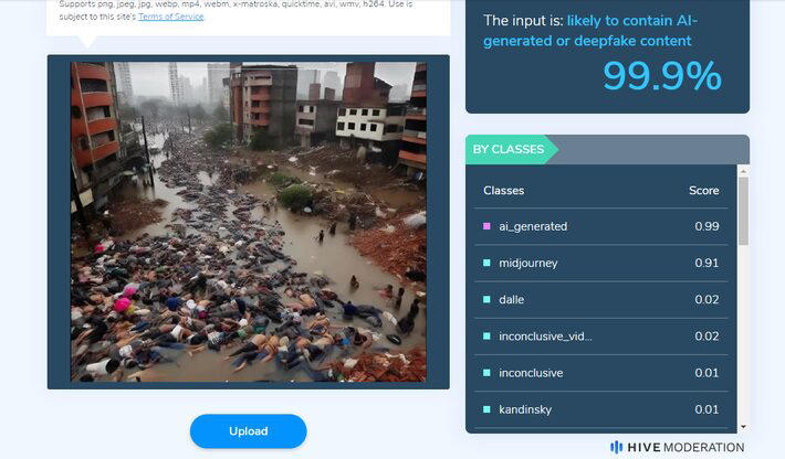 Hive AI Detector, que diz detectar imagens produzidas por IA, classificou essa mídia como 99.9% gerada pela tecnologia Foto: Reprodução/Hive AI Detector